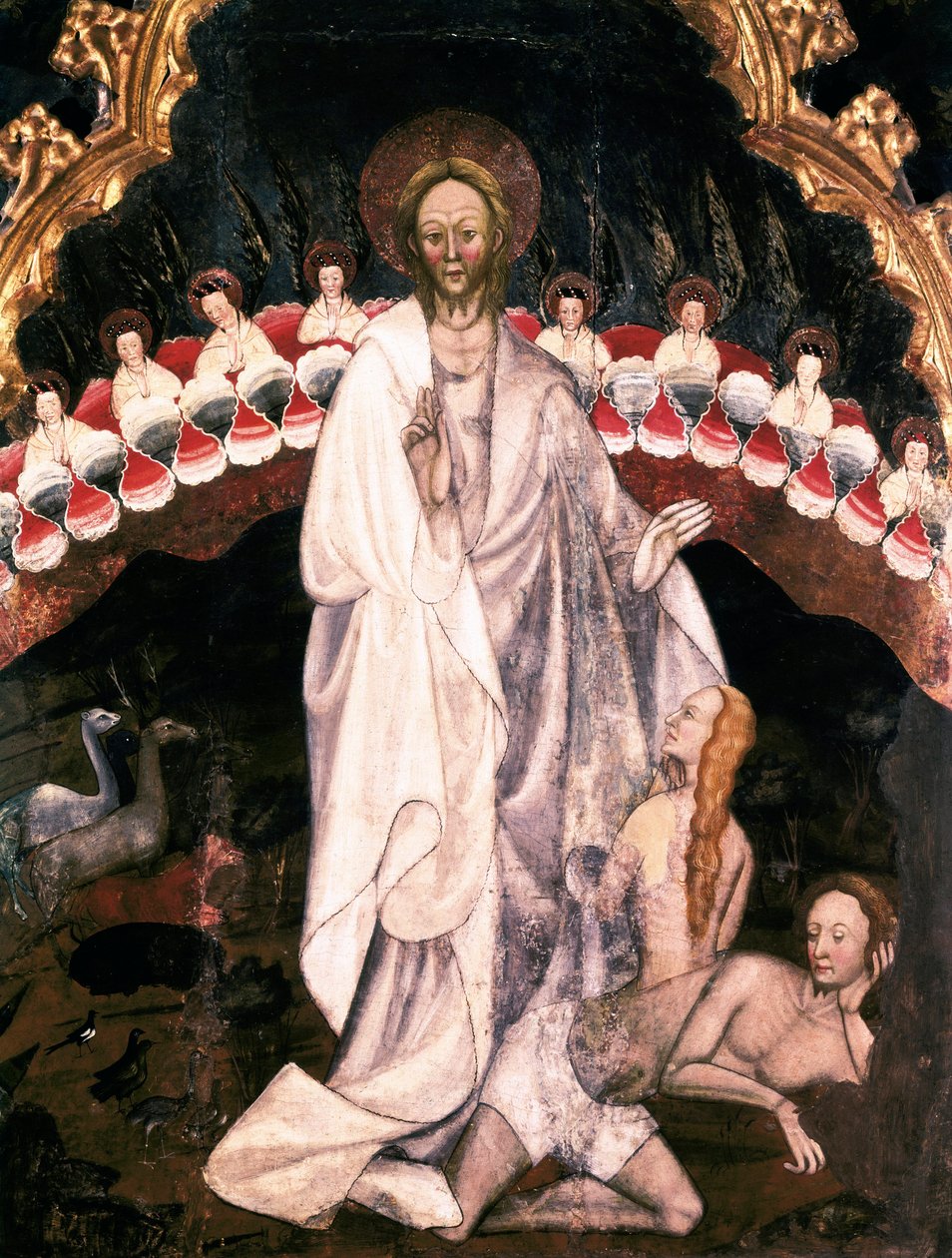 Skapelsen av verden, under skapelsen av Eva, Detalj av altertavlen til kirken San Sebastian de Guimera. Rempe på tre av Ramon de Mur (d. 1435) 1402-1412. Episcopal Museum of Vic. Catalonia Spania av Ramon de Mur