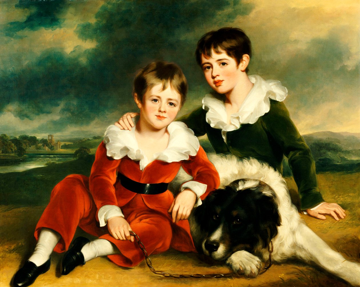 Portrett av to gutter med Newfoundland-hunden deres av Ramsay Richard Reinagle