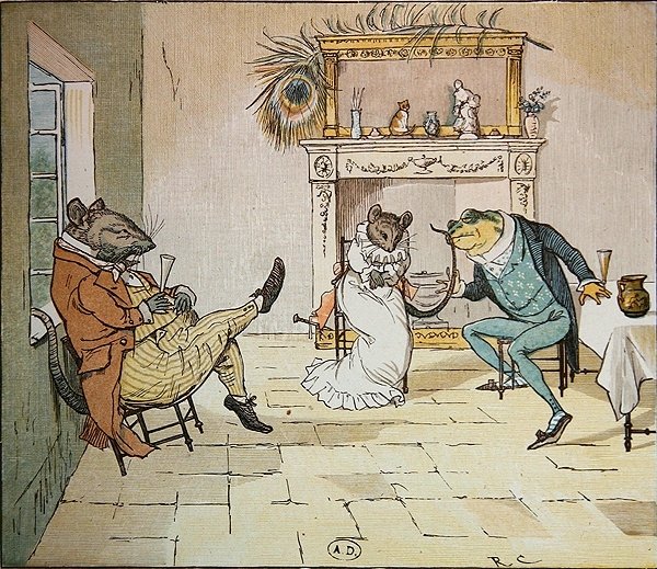 Be, Mr Frog, vil du gi oss en sang?, illustrasjon fra A Frog Who Would a Wooing Go, ca. 1900 (se også 8465) av Randolph Caldecott