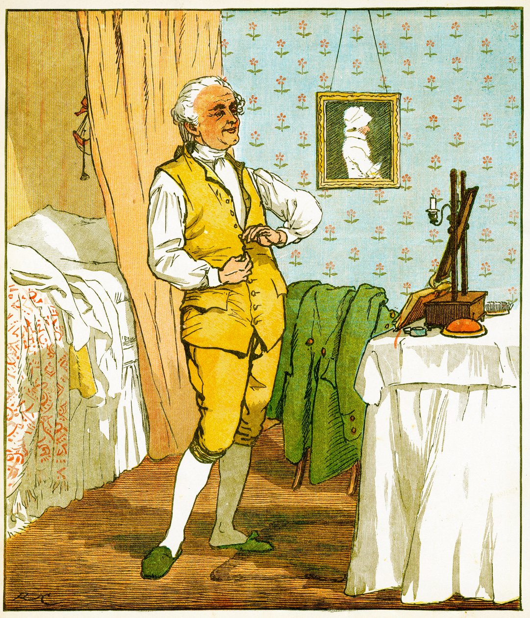 The good man of Islington dressing, Illustrasjon fra An Elegy on the Death of a Mad Dog av Oliver Goldsmith, 1879 av Randolph Caldecott