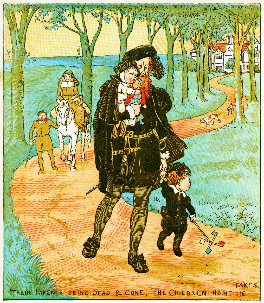 "Foreldrene er døde og borte, barna hjem tar han", illustrasjon for Babes in the wood, 1885 av Randolph Caldecott