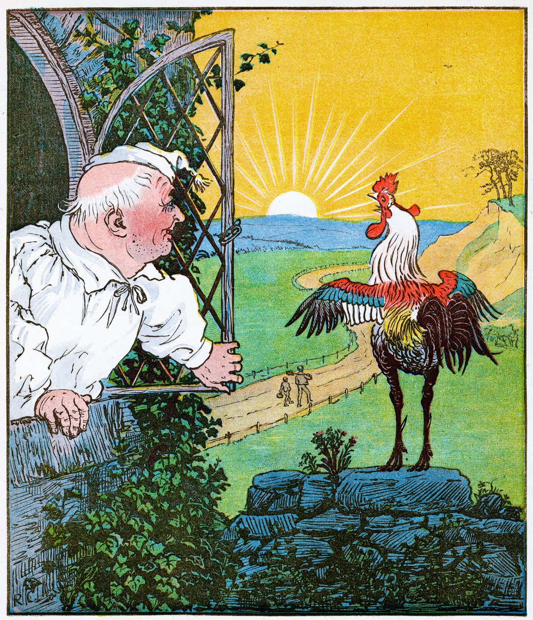 Dette er hanen som gol om morgenen, som vekket dommeren helt barbert og klippet, illustrasjon fra The House that Jack Built, 1896 av Randolph Caldecott