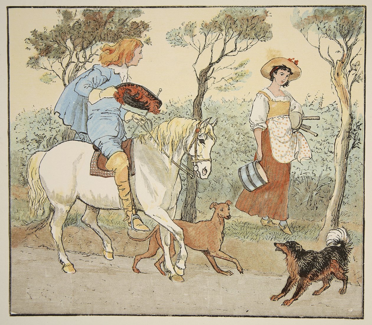 Hvor skal du, min Pretty Maid, illustrasjon fra The Milkmaid, pub. av Frederick Warne und Co. av Randolph Caldecott