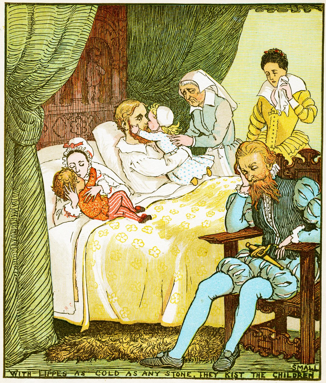 Med lepper så kalde som enhver stein kysser de barna små, illustrasjon for Babes in the wood, 1885 av Randolph Caldecott