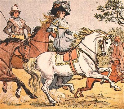 En fin dame på en hvit hest fra Ride a Cock Horse til Banbury Cross av Randolph Caldecott
