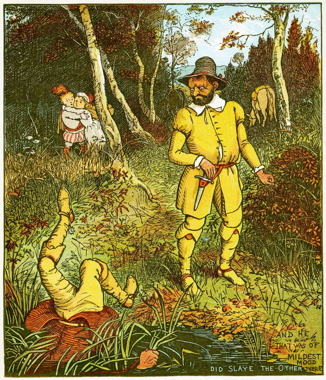 "Og den som var av mildest humør, drepte den andre der", illustrasjon fra Babes in the wood av Randolph Caldecott