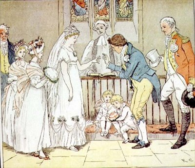 "Og hun giftet seg veldig uforsiktig med barberen" fra "The Great Panjandrum", pub. av Frederick Warne & Co. (farget gravering) av Randolph Caldecott