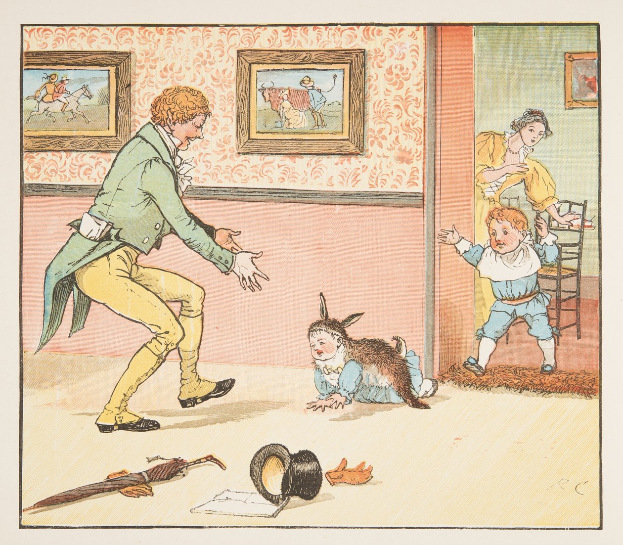 Babyspurv pakket inn i kaninskinnet, fra The Hey Diddle Diddle Picture Book, pub.1882 (fargegravering) av Randolph Caldecott
