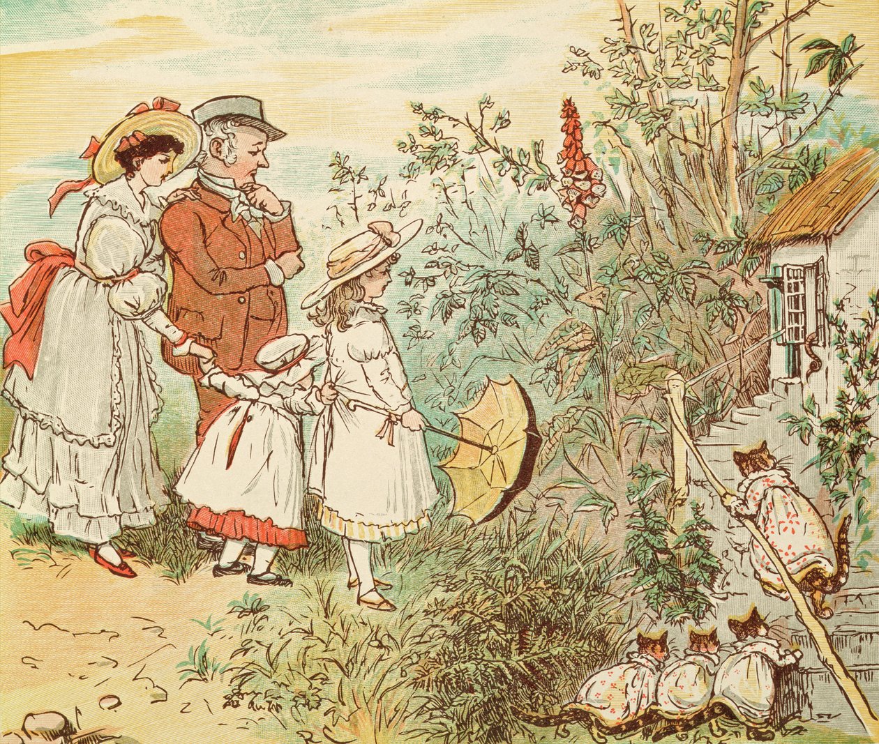 Cat og kattungene hennes kom veltende inn, fra "A Frog He Would A-Wooing Go" av Randolph Caldecott