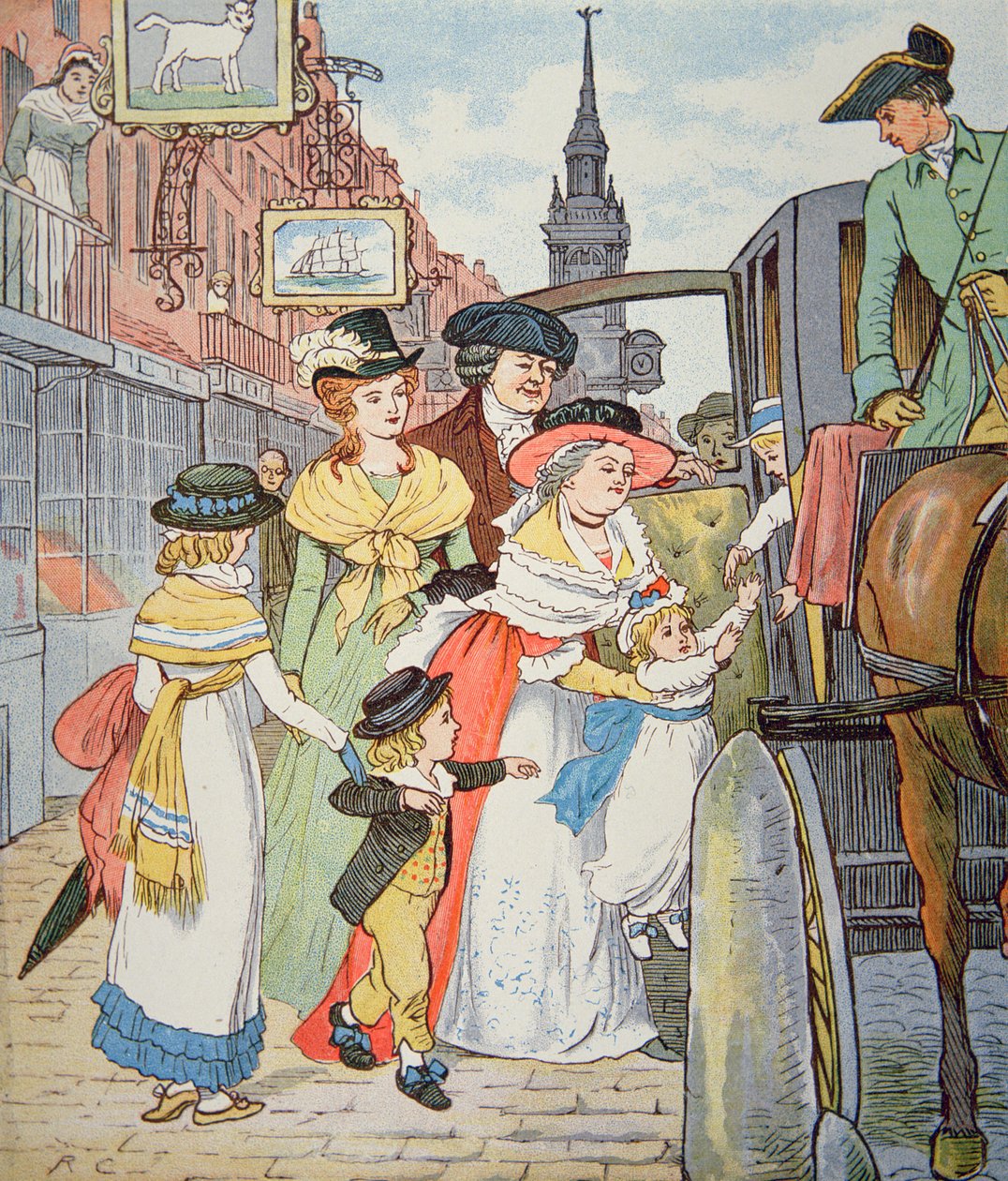 Familieliv i kolonitidens Amerika - Gatescene i Boston (akvarell på papir) av Randolph Caldecott