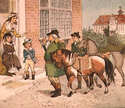 Illustrasjon fra Ride-a-cock-horse til Banbury Cross (Bringing Horses to the Children) av Randolph Caldecott