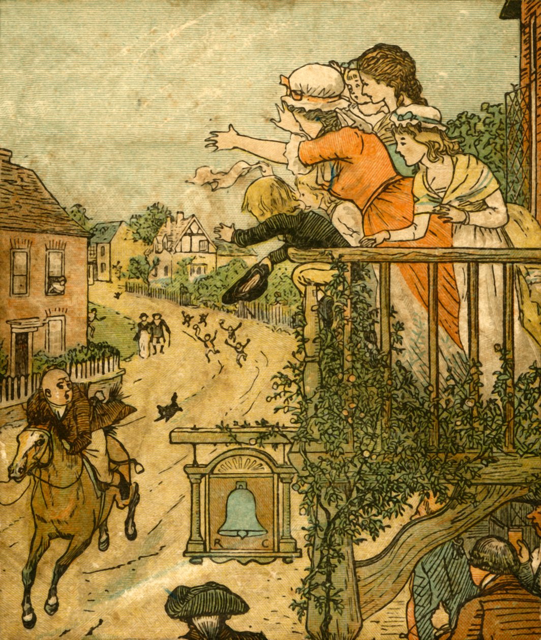 John Gilpin galopperer forbi Bell Inn mens hans kone og barn vinker fra balkongen, 1878, c1918. av Randolph Caldecott
