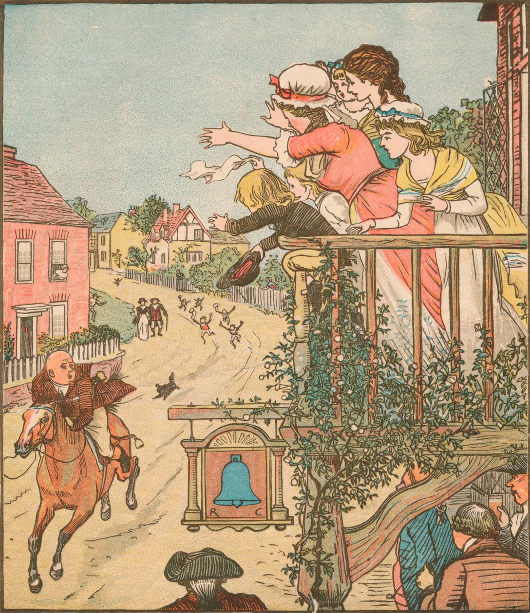 John Gilpin galopperer forbi Bell Inn mens hans kone og barn vinker fra balkongen, 1878, c1918. av Randolph Caldecott