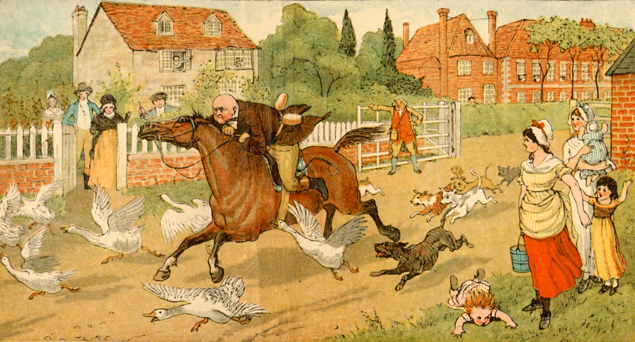 John Gilpin galopperer gjennom en landsby, 1878, c1918. av Randolph Caldecott