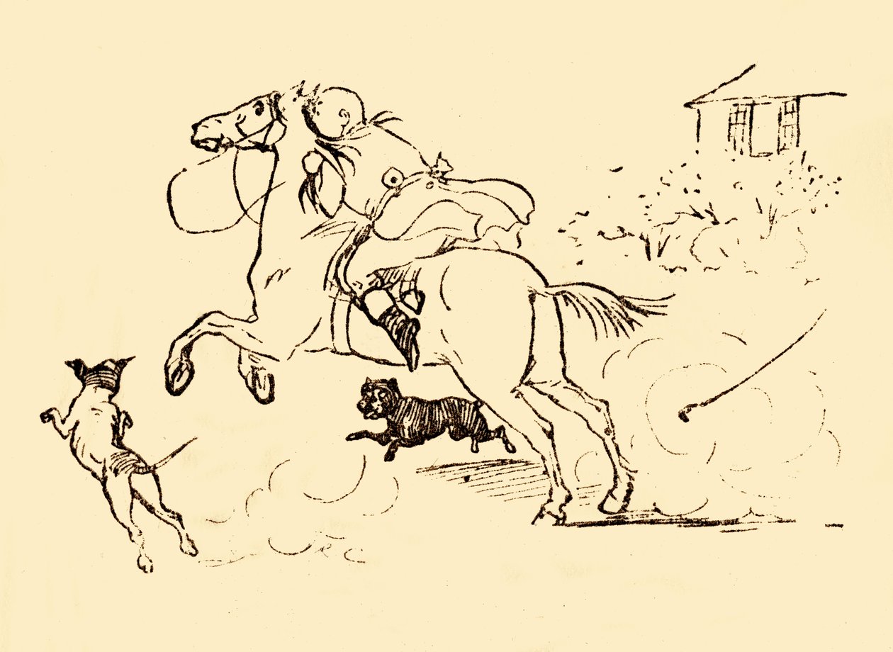 John Gilpin blir jaget av hunder mens hesten hans galopperer ut av kontroll, 1878, c1918. av Randolph Caldecott