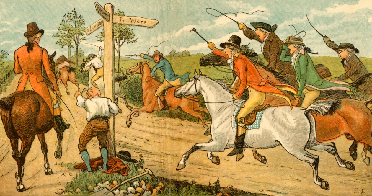 John Gilpin på sin boltrende hest blir jaget av forbipasserende, 1878, c1918. av Randolph Caldecott