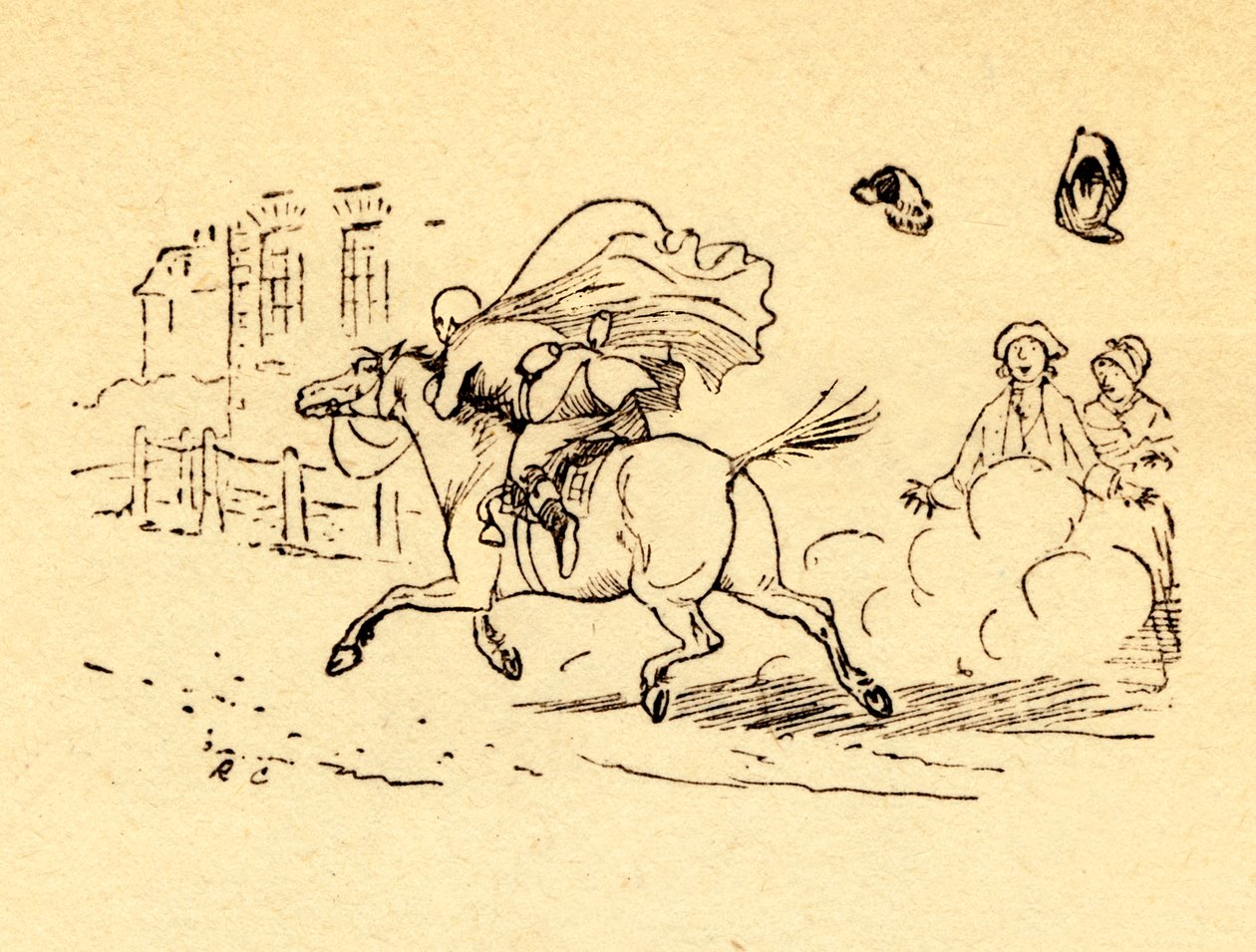 John Gilpins hestebolter, og hatten og parykken hans blåser av, 1878, c1918. av Randolph Caldecott