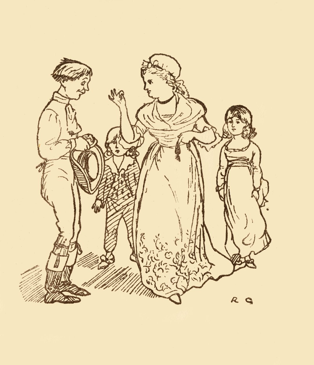Fru Gilpin betaler postgutten for å finne mannen sin, 1878, c1918. av Randolph Caldecott