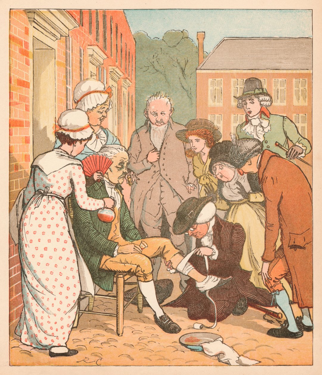 Naboer som kler den gode mannen fra Islingtons bite, c1879. av Randolph Caldecott