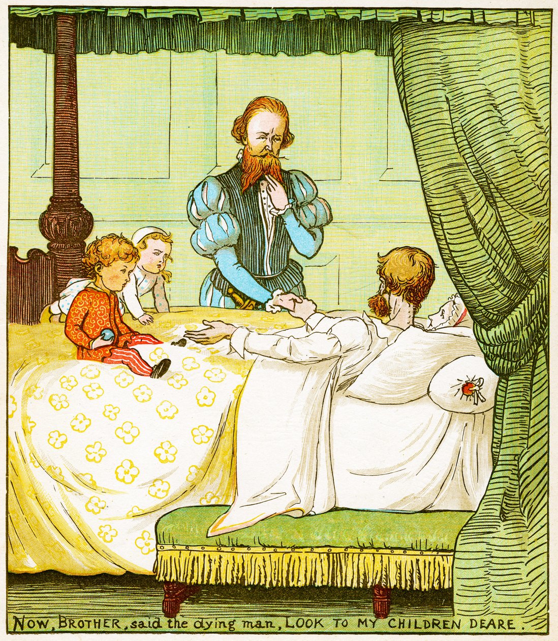 "Nå, bror, sa den døende mannen, se til mine barn kjære", illustrasjon fra Babes in the wood av Randolph Caldecott