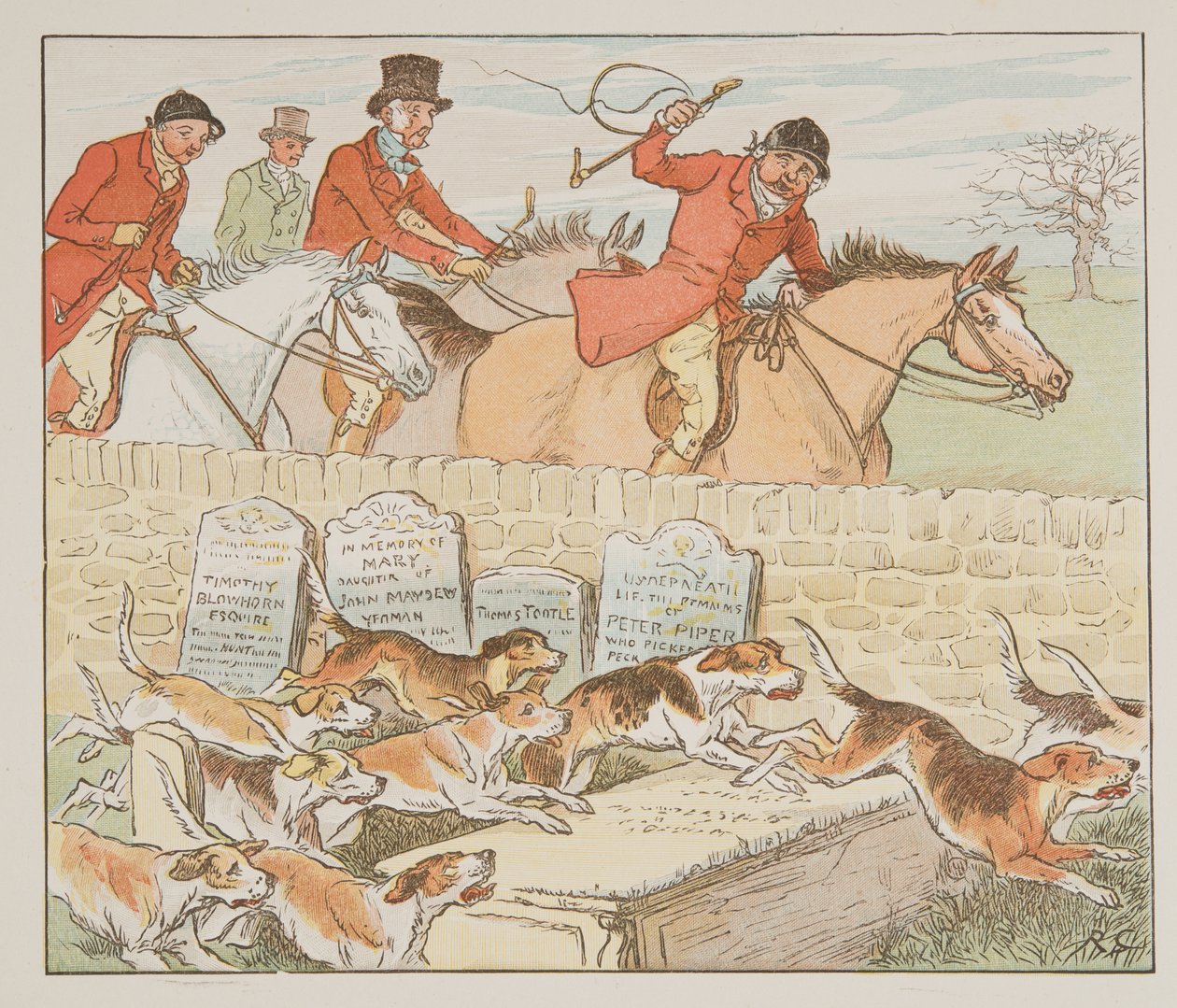 Nå hadde presten et par til onsdag da hundene kom til syne …, fra The Hey Diddle Diddle Picture Book, pub.1882 (fargegravering) av Randolph Caldecott