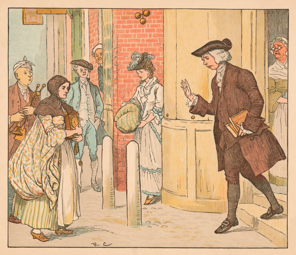 Folk utenfor en pantelånerbutikk, c1885, 1934. av Randolph Caldecott