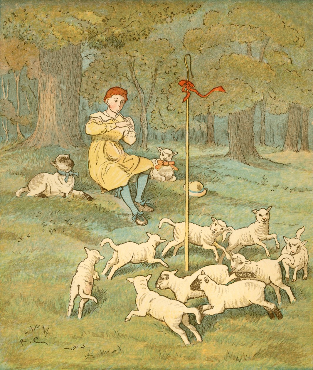 Bondegutten spiller sin pipe mens lammene danser rundt gjeterens kjeltring, c1881. av Randolph Caldecott