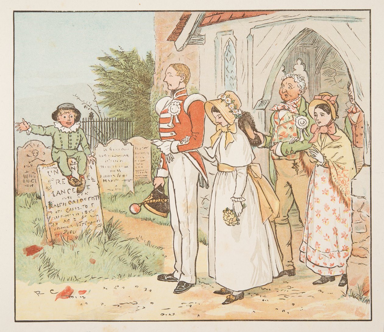The Soldier and his Bride, fra The Hey Diddle Diddle Picture Book, pub.1882 (fargegravering) av Randolph Caldecott