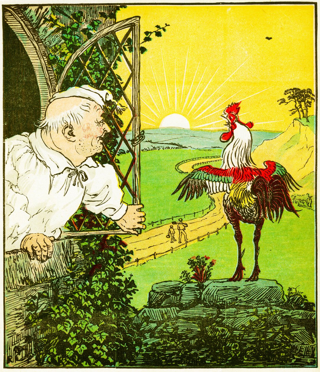 "Dette er hanen som gol om morgenen, som vekket dommeren helt barbert og klippet", illustrasjon fra The House that Jack Built av Randolph Caldecott
