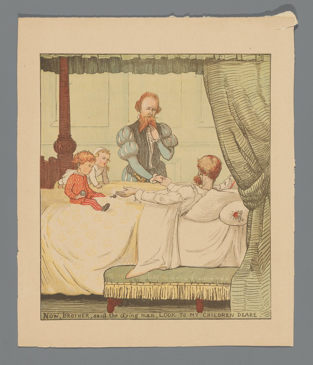 Zwei Kinder und ein Mann an einem Krankenbett av Randolph Caldecott
