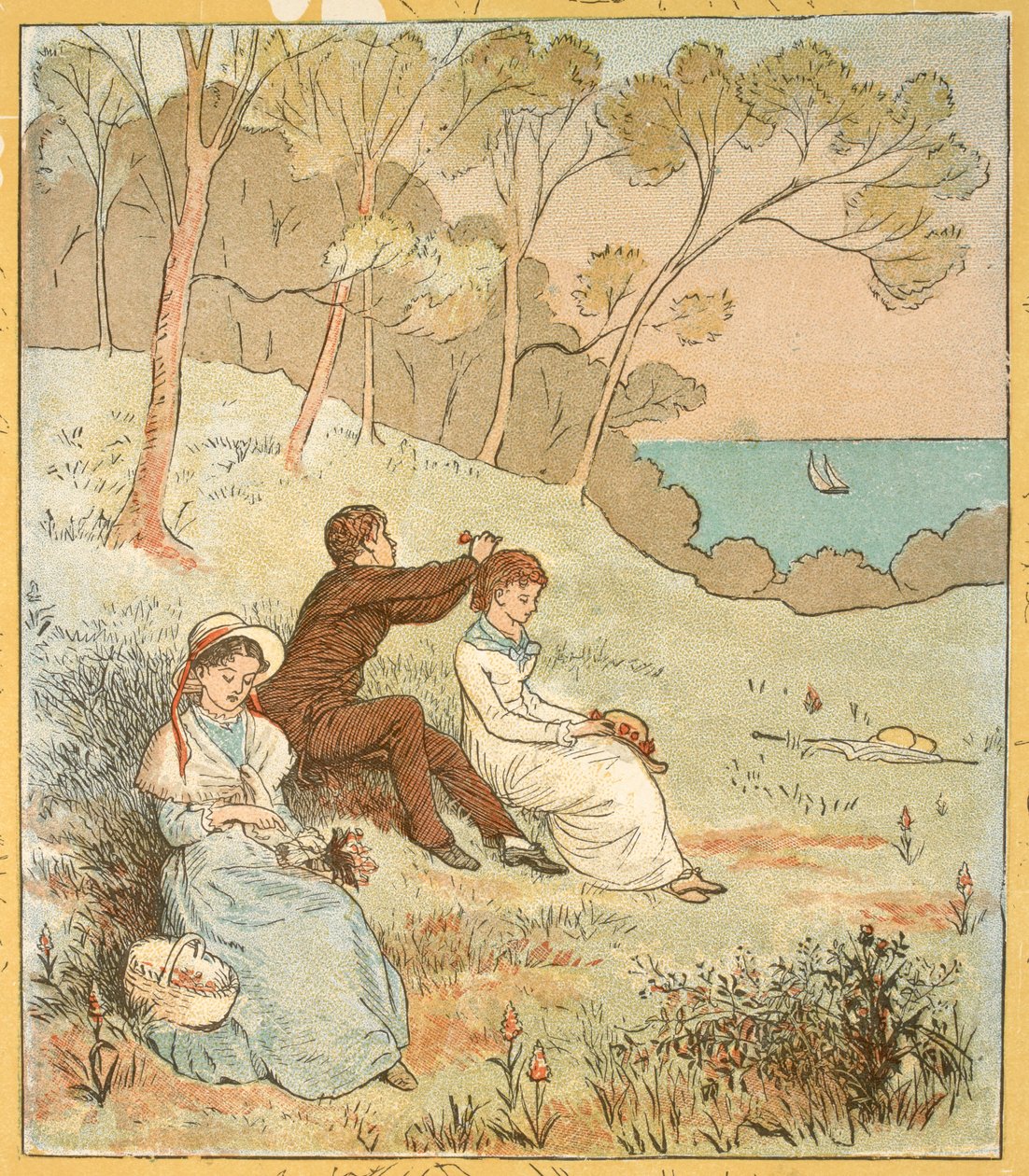 To kvinner og en mann sitter i en lysning nær kysten. av Randolph Caldecott