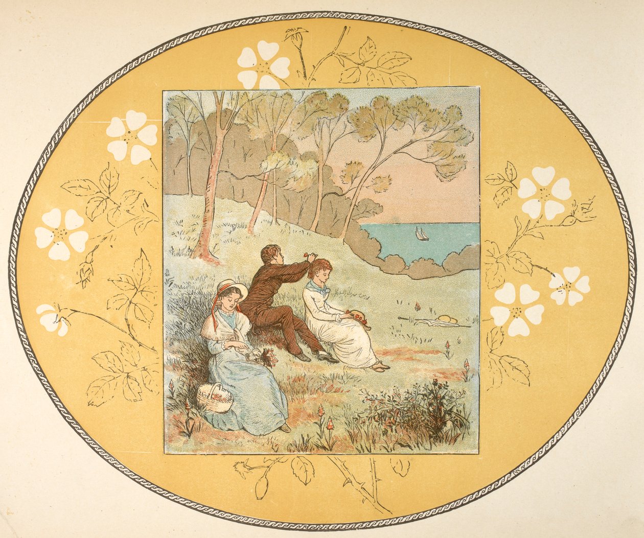 To kvinner og en mann sitter i en lysning nær kysten. Blomsterkant. av Randolph Caldecott
