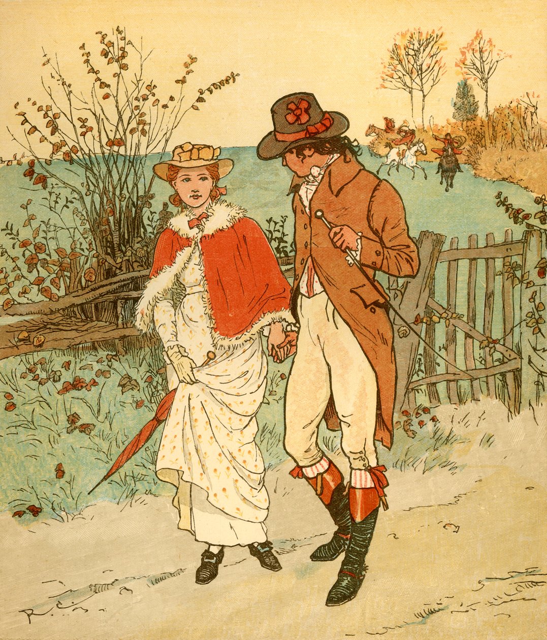 To unge elskere i en gate, ca 1880. av Randolph Caldecott
