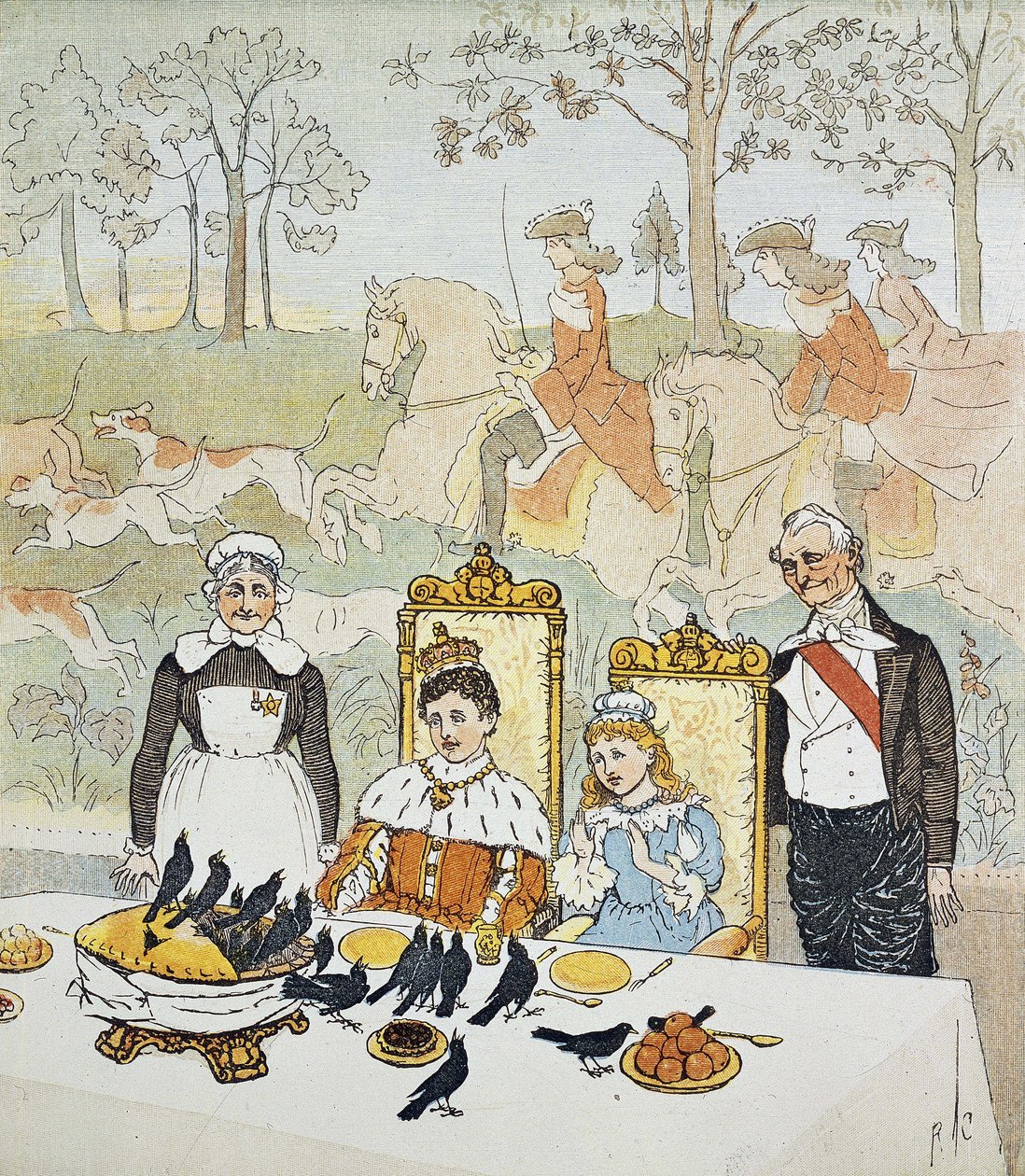 En konge og en dronning satt ved bordet omgitt av tjenere, bak dem en jaktscene. Plate 14 fra ""The Picture Book"" av Randolph Caldecott (1846-1886). 1879. The British Library Institution Referanse: Hyllemerke ID: 12805.s.17 A King and Q av Randolph Caldecott