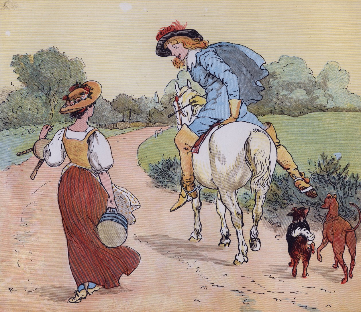 Hvor skal du, min vakre hushjelp? Illustrasjon av Randolph Caldecott for Nursery Rhyme 