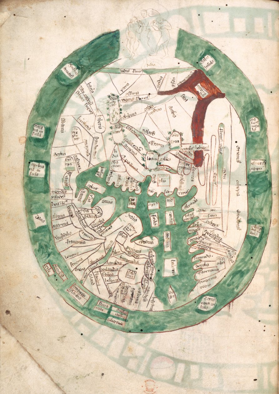 Kart over verden, f.2v fra Polychronicon, ca. 1400 (vellum) av Ranulf Higden