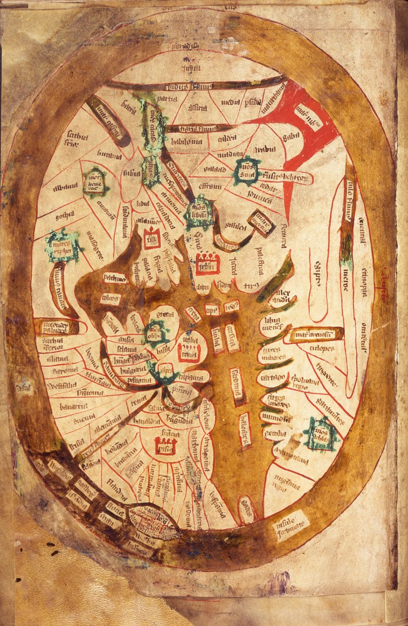 Ms.89 Higden fol.13v Kart over verden (blekk på vellum) av Ranulf Higden