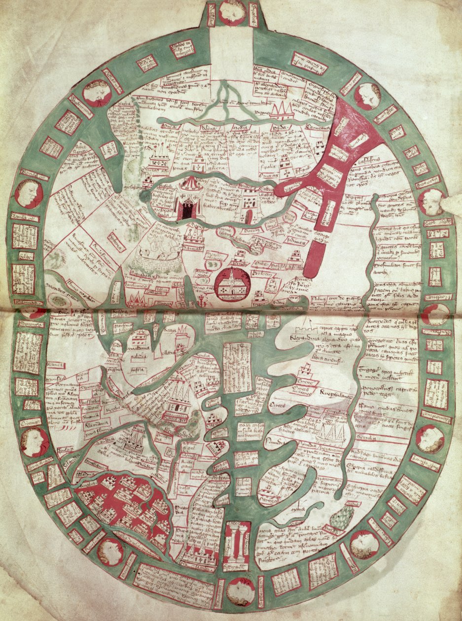 Roy.Ms.14 C. f.1 1v-2r Kart over verden med Jerusalem som sentrum, Polychronicon, ca. 1380 (vellum) av Ranulf Higden