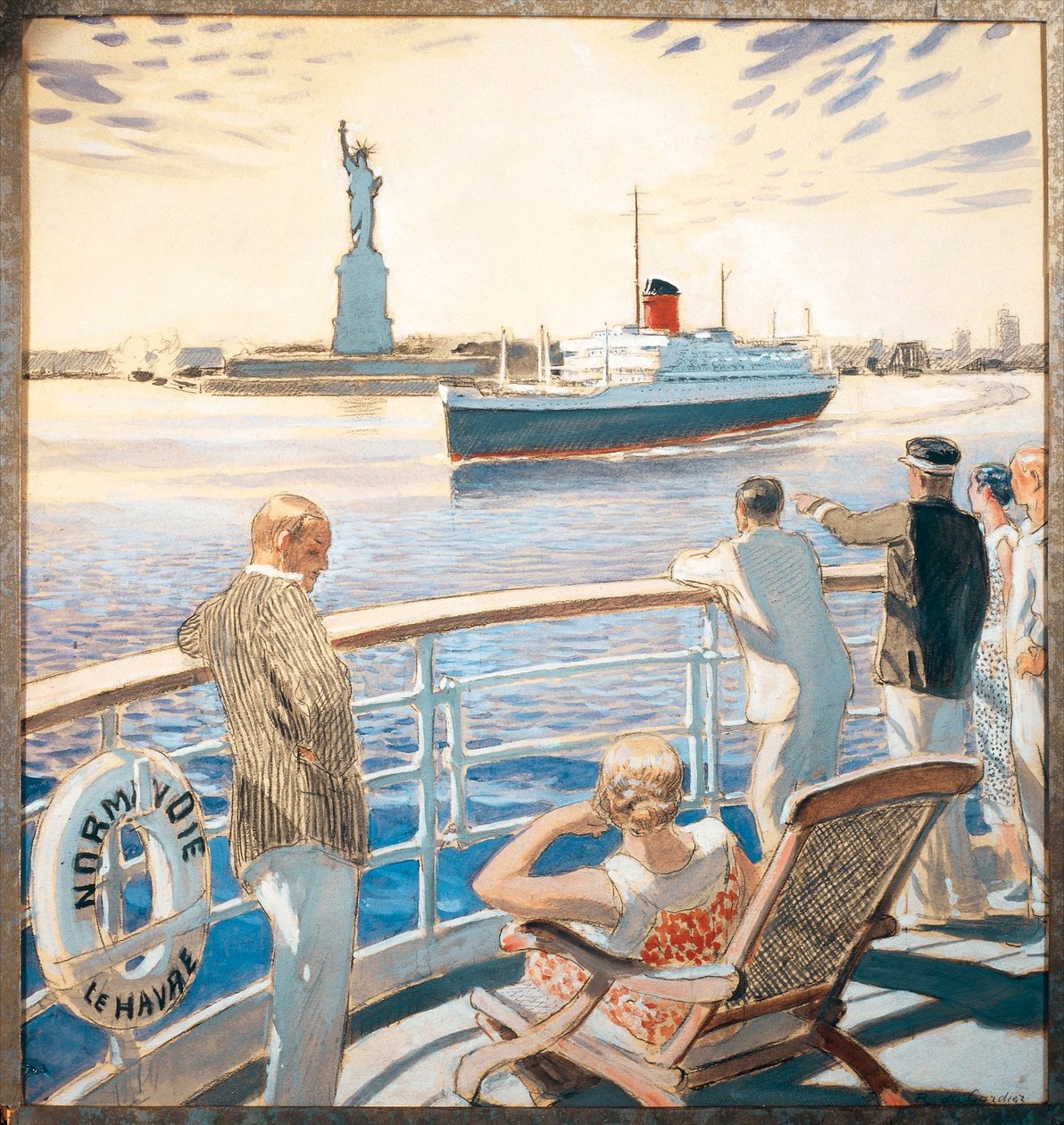 Frankrike, Amboise, jomfrutur av dampskipet Normandie, Innseilingen til New York havn, akvarell av Raoul Du Gardier