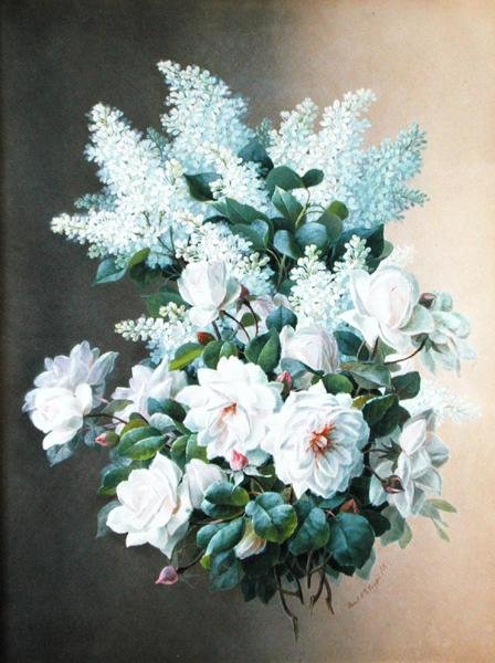 Syriner og roser, ca. 1900 (gouache på papir) av Raoul M. de Longpre