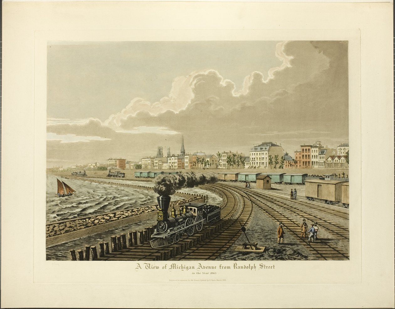 En utsikt over Michigan Avenue fra Randolph Street i år 1865 av Raoul Varin