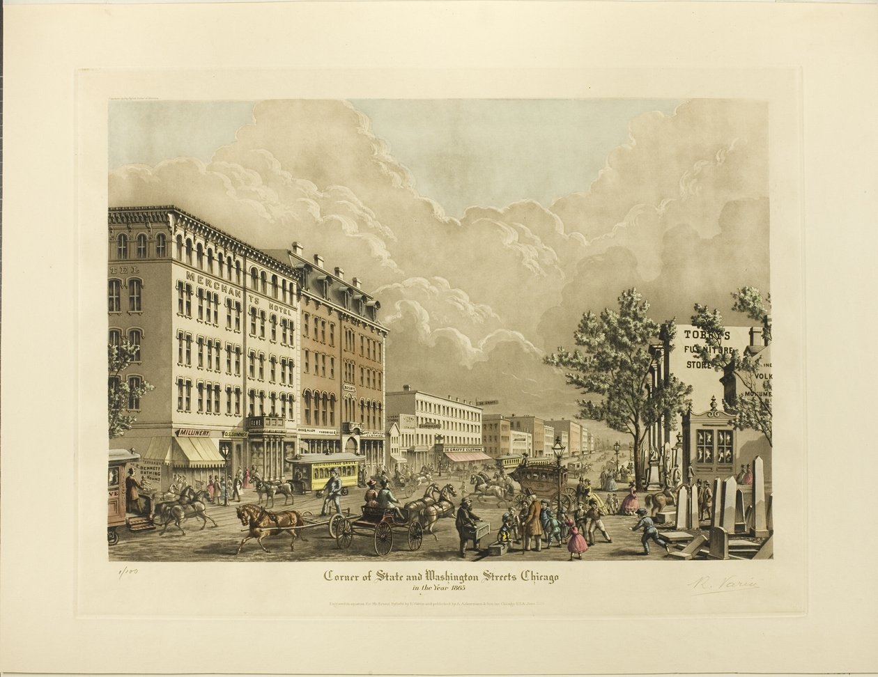 Corner of State og Washington Streets, Chicago, i år 1865 av Raoul Varin