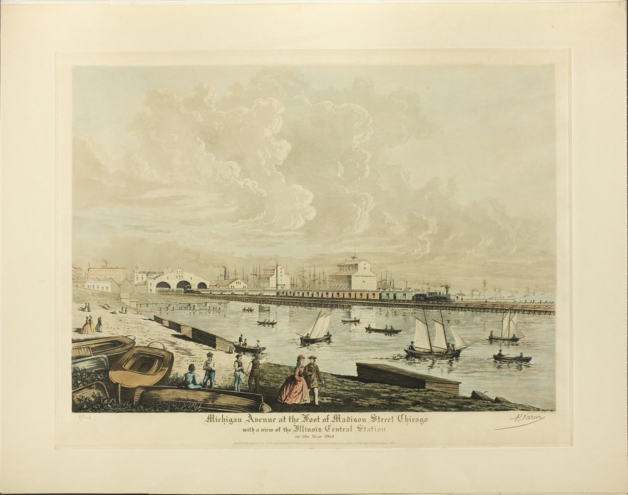 Michigan Avenue ved foten av Madison Street, Chicago, med utsikt over Illinois sentralstasjon i år 1864 av Raoul Varin