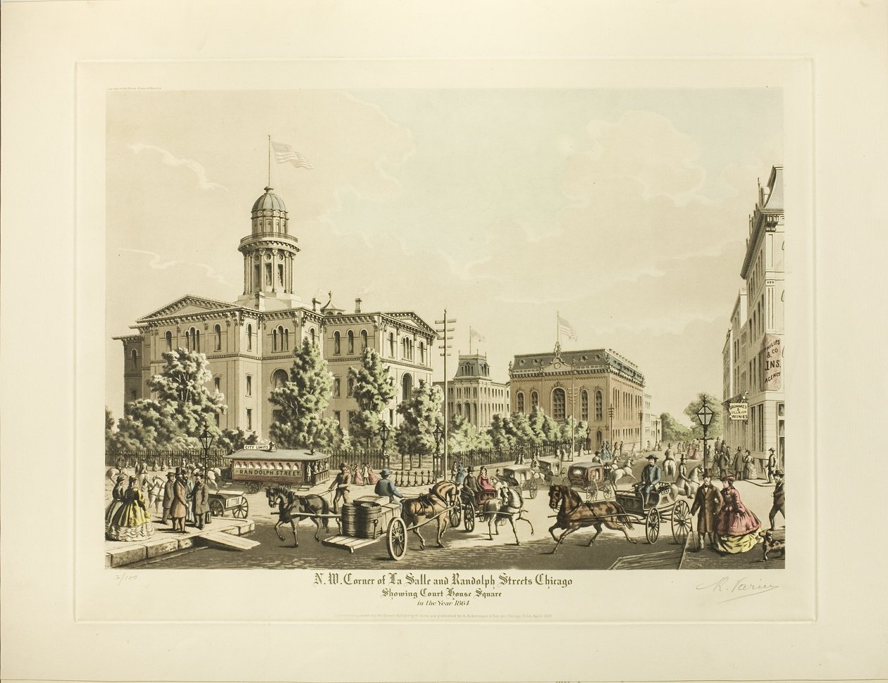 N. W. Corner of LaSalle og Randolph, Chicago, viser Court House Square i år 1864 av Raoul Varin