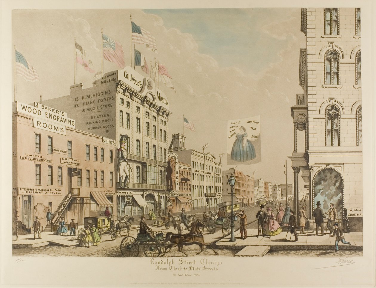 Randolph Street, Chicago, fra Clark til State Streets i år 1865 av Raoul Varin
