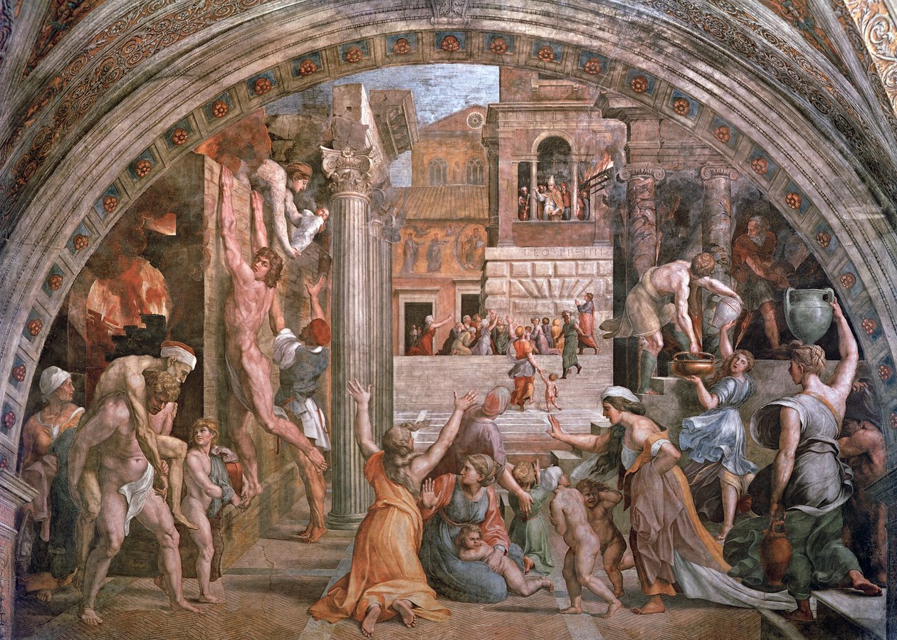 Brann i Borgo, fra Stanza dellIncendio (Hall of Fire) ca. 1514-17 av Raphael and Giulio Romano