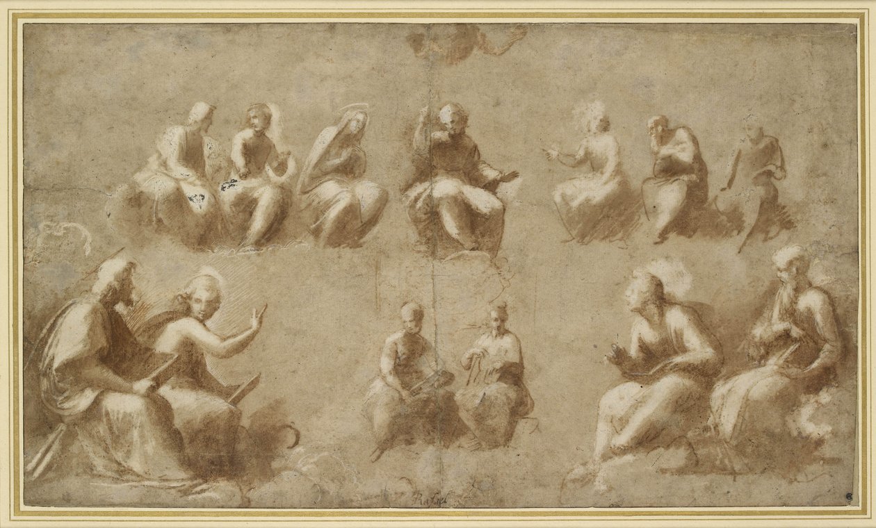 Christ and the Saints in Glory (Study for the Disputa) (penseltegning med brunt blekk) av Raffaello Sanzio Raphael