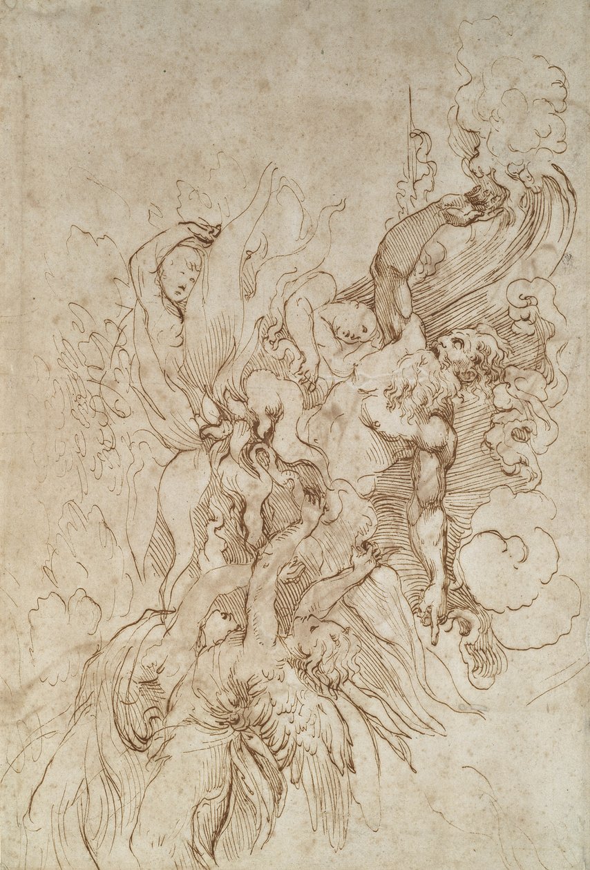 Jehova i en flammende sky fulgt av engler (recto) (penn og brunt blekk på off-white papir) av Raffaello Sanzio Raphael