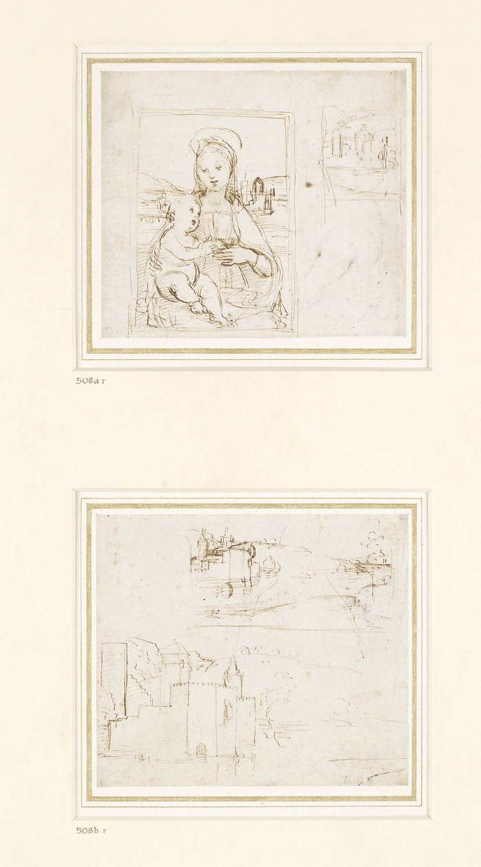 Landskapsskisse med en kort studie av Jomfru Marias hode vendt mot venstre, 1500-1504 (penn og brunt blekk over metallpunkt på hvitt papir) av Raffaello Sanzio Raphael
