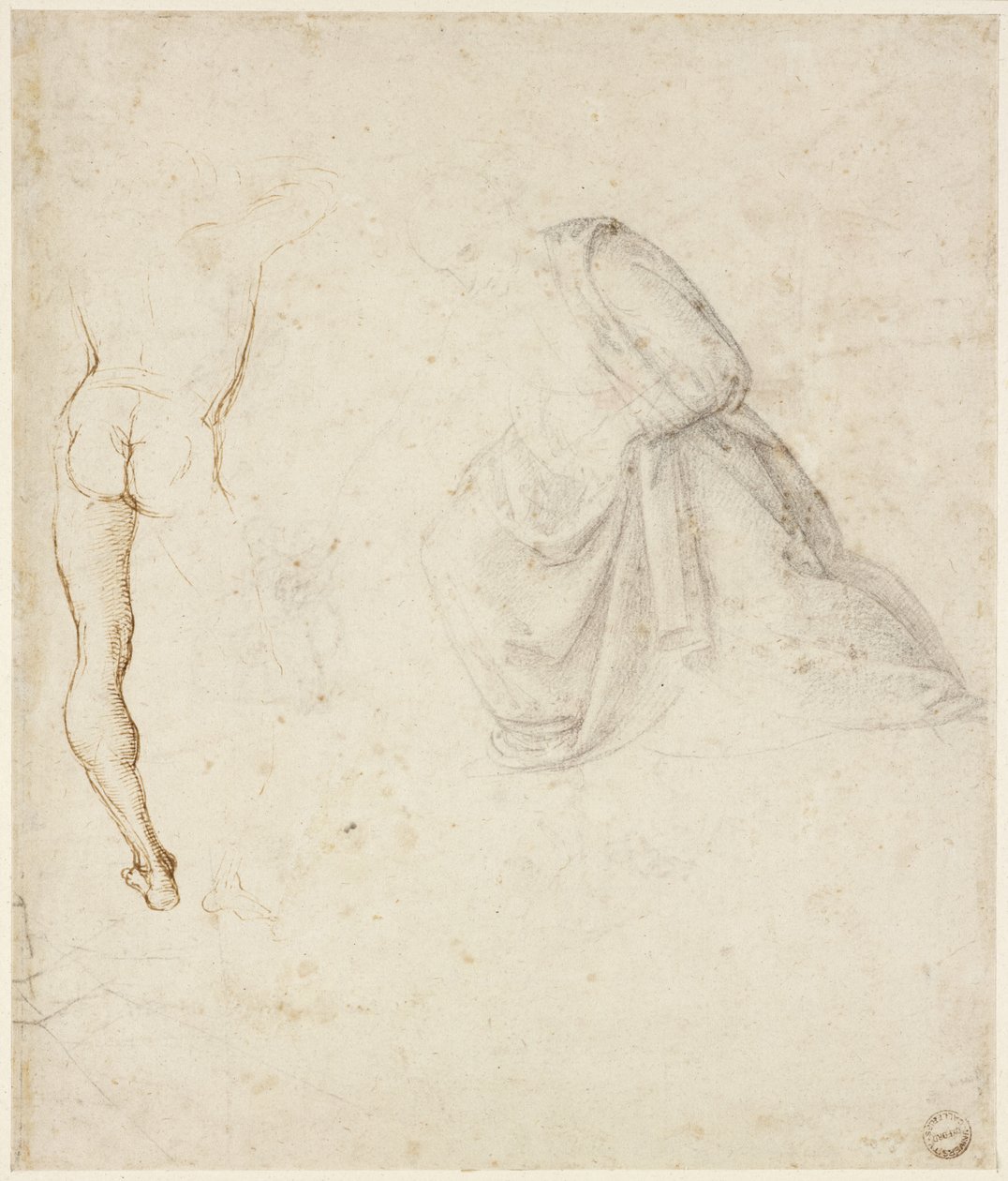 Rekto: Bakfra av en stående mann, etter Signorelli; draperiet til en knelende figur, WA1846.145 av Raffaello Sanzio Raphael
